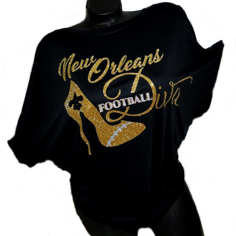 New Orleans Football Diva Flowy Hi/Lo Top with Shiny Lettering.